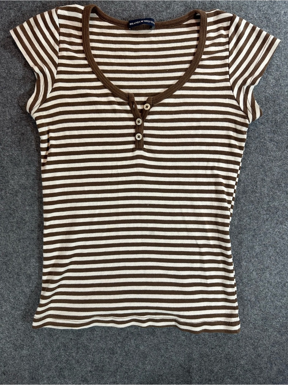 Brandy Melville Brown & White Striped Henley Tee